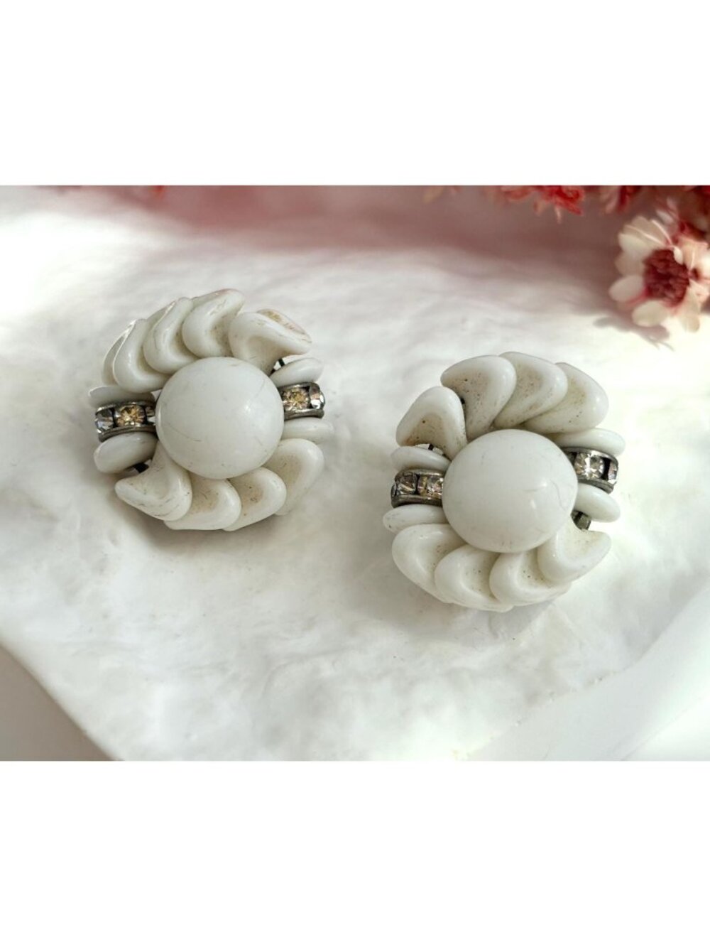80's Style Milk Glass Rhinestone Floral Jumbo Vintage Clip On Stud Earrings